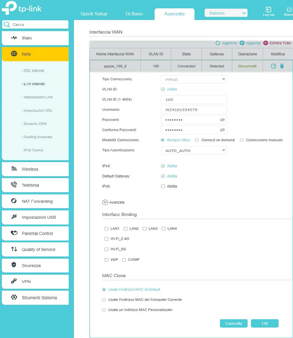 Interfaccia WAN Router TP-LINK